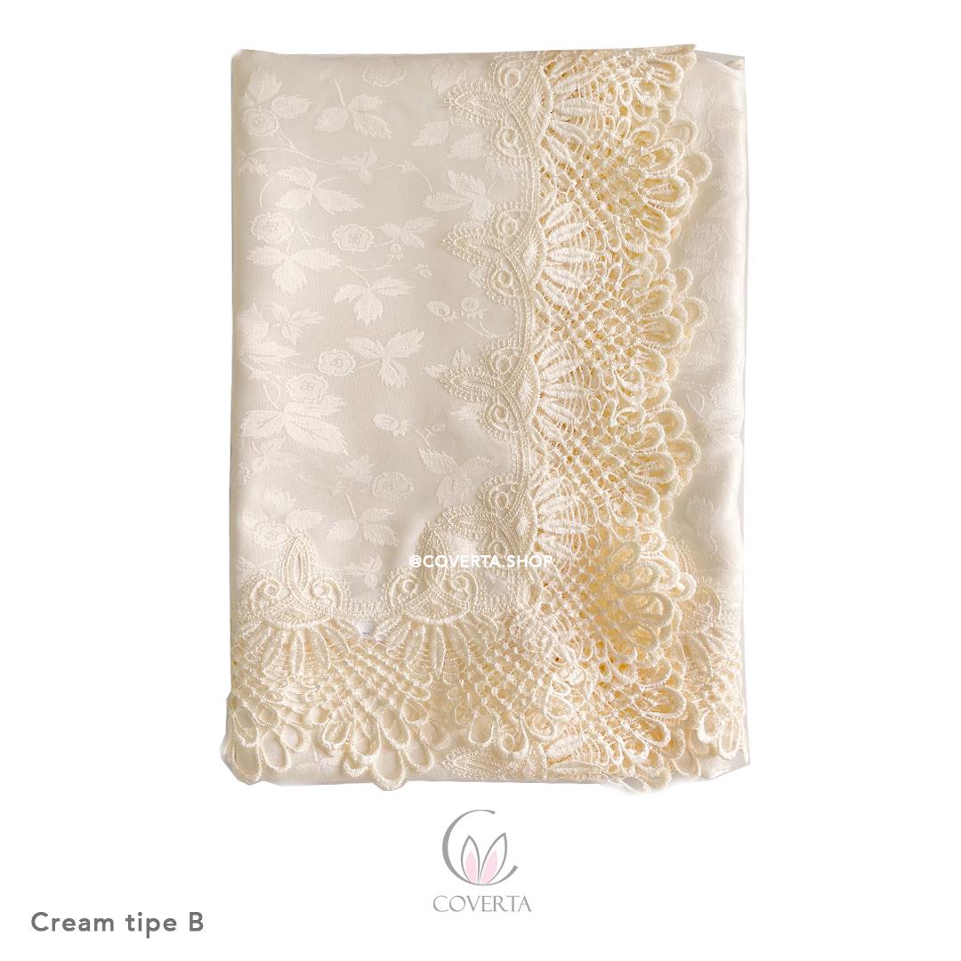 COVERTA Taplak Meja Makan Bordir Segi Cream Tipe B 150x220cm Eksklusif & Elegant untuk 6-8 Kursi Sarung Kursi Tidak Termasuk
