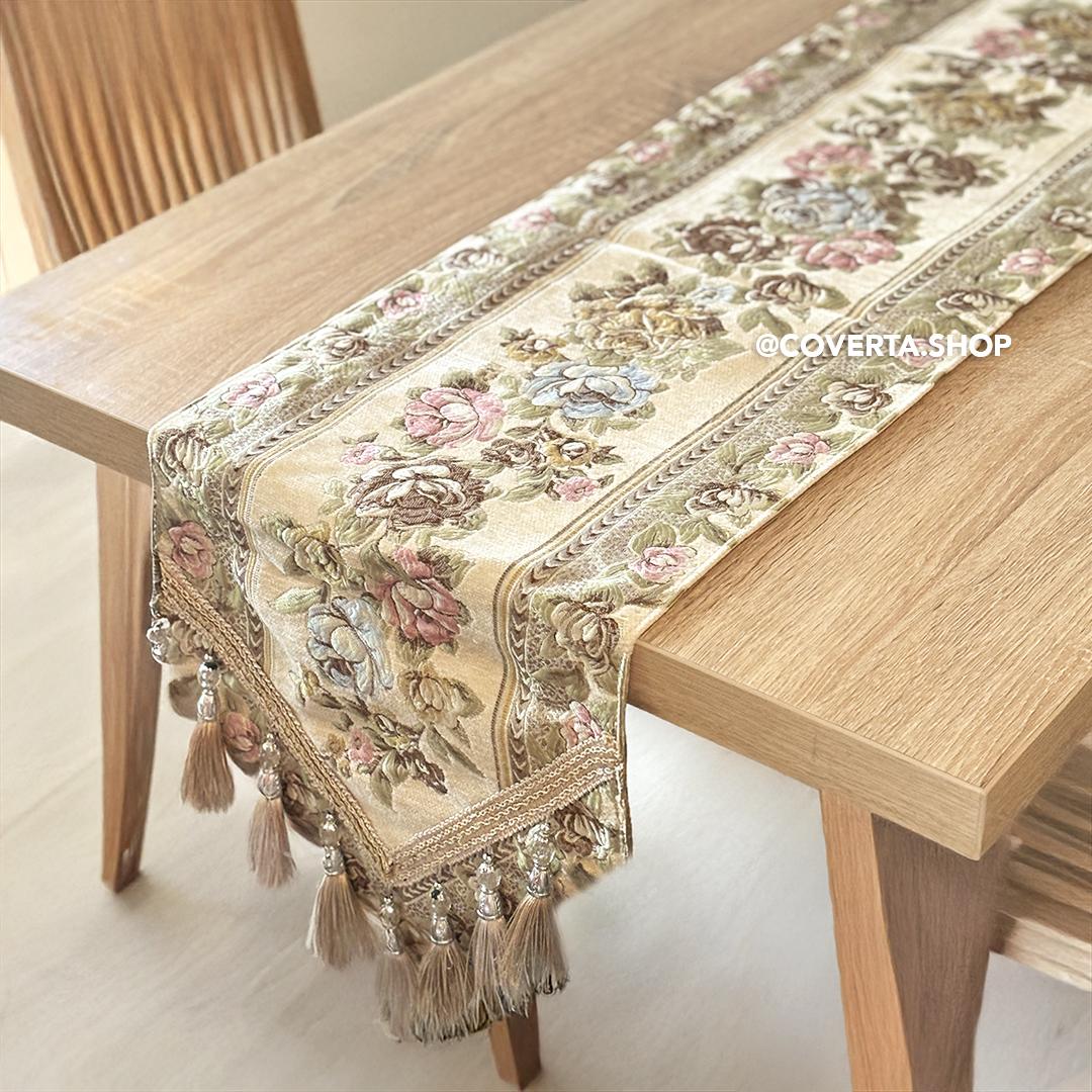 Table Runner Elegan Belgian Floral - Taplak Meja Panjang Premium Untuk Ruang Makan dan Ruang Tamu
