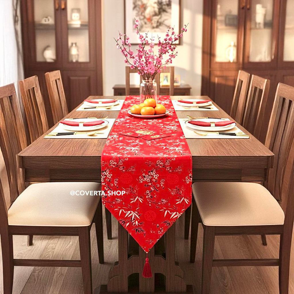 Coverta Shop Table Runner Meja Imlek Warna Merah Hoki Dekorasi Meja Tahun Baru China Golden Dynasty Elegan Mewah Khas Oriental