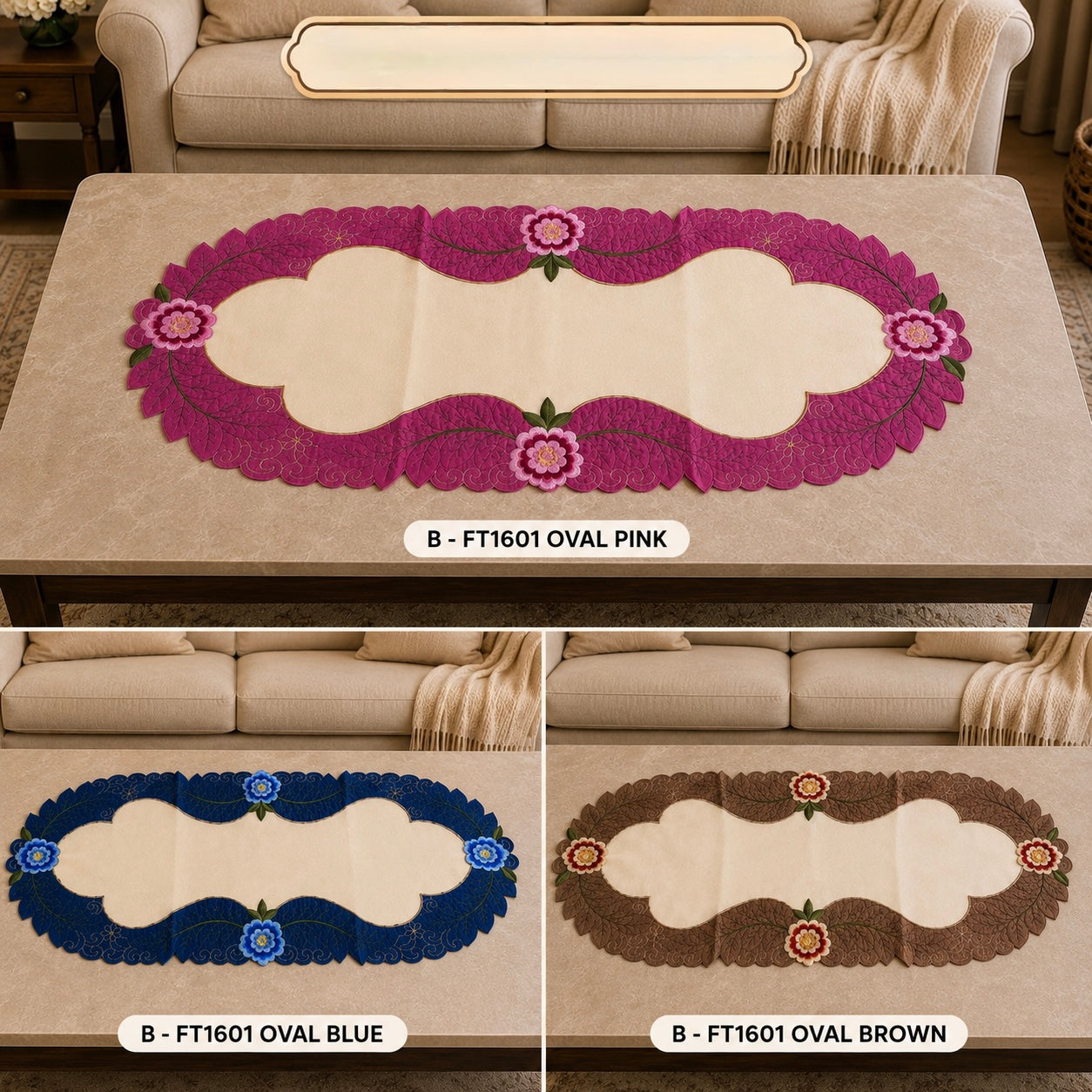 Taplak Meja Tamu Bordir 40x85cm (Kode B - FT1601 Oval)