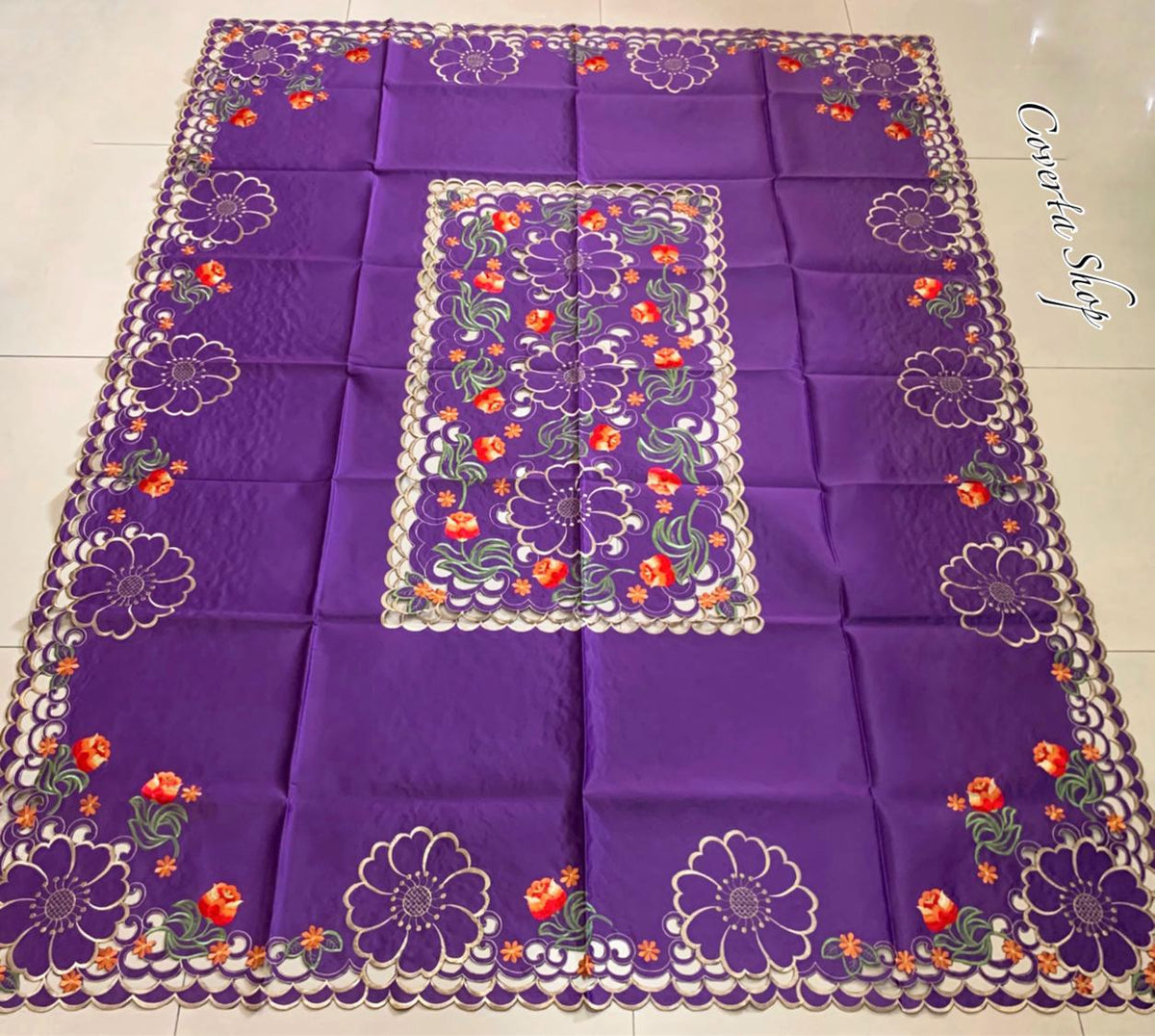 Taplak Meja Makan Bordir Purple0605 - 6-8 Kursi - 180x225cm