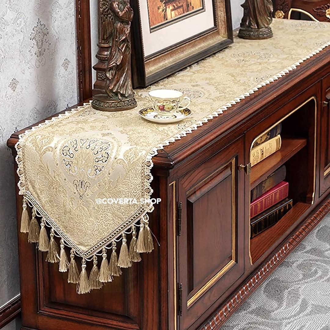 Taplak Meja Tamu Aesthetic Ottoman Table Runner Panjang Dekorasi Meja Makan Warna Gold