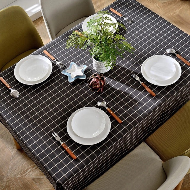 Taplak Meja Makan Kain Segi - Hitam - Motif Kotak Kotak
