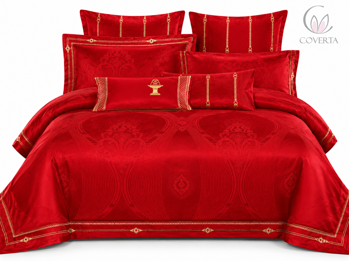 Bedcover Pengantin Baru Silk Sutera Warna Merah
