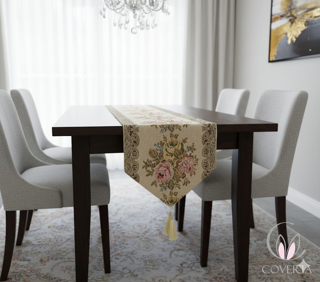 Table Runner Panjang Meja Makan / Taplak Meja Tamu Motif Classic Flower Glitter