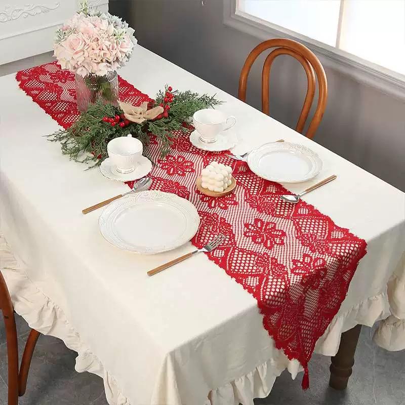 Table Runner Renda Merah Imlek - Dekorasi Meja Makan & Tamu