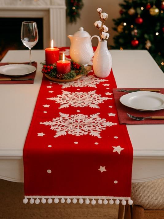 Table Runner Natal Snowflakes | Dekorasi Christmas Meja Makan Premium