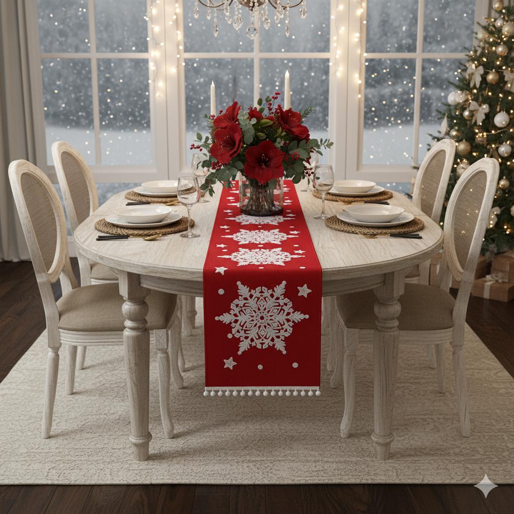 Table Runner Natal Snowflakes | Dekorasi Christmas Meja Makan Premium