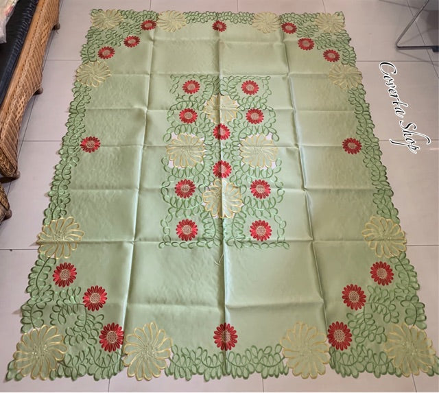Taplak Meja Makan Bordir Green0603. - 6-8 Kursi - 180x225cm