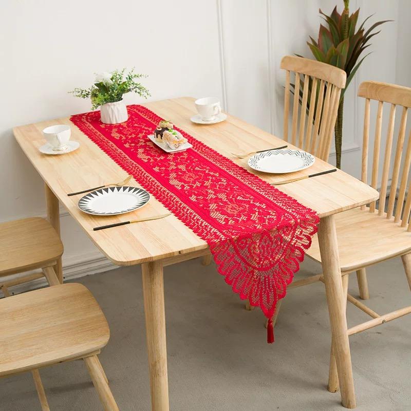 Table Runner Renda Merah Imlek - Dekorasi Meja Makan & Tamu