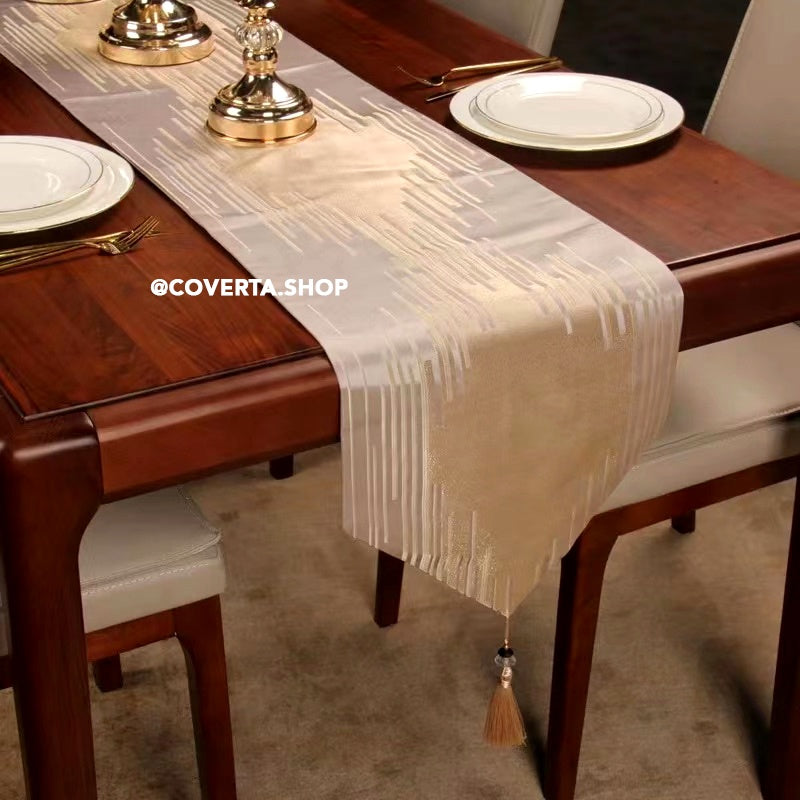 Taplak Meja Kain Panjang / Table Runner Motif Abstract Minimalis With Tassel