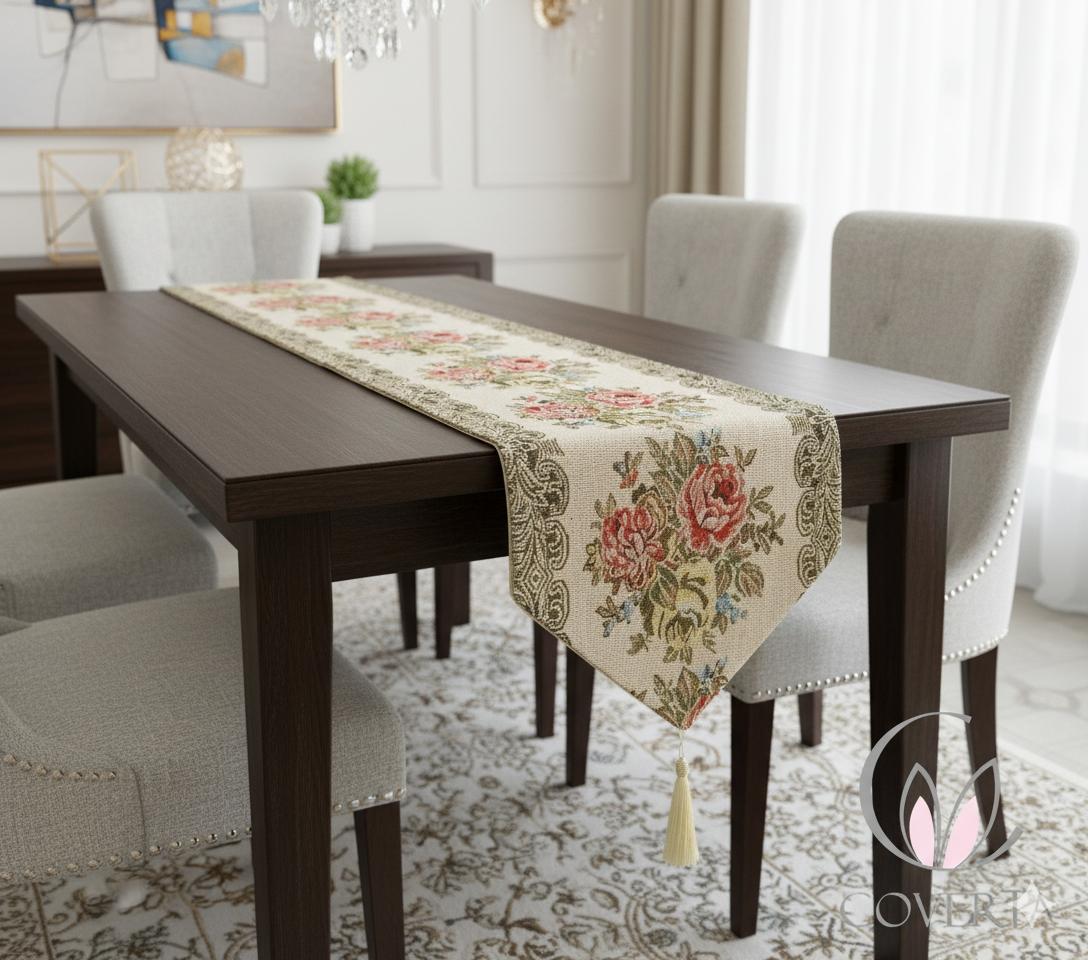 Table Runner Panjang Meja Makan / Taplak Meja Tamu Motif Classic Flower Glitter