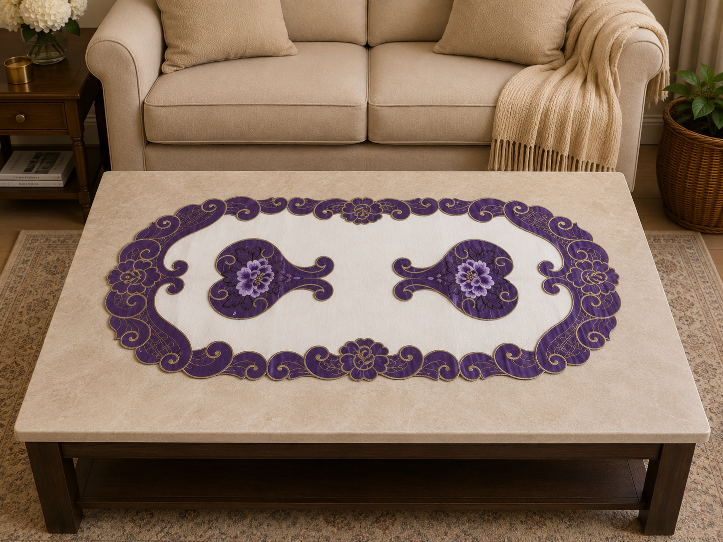 Taplak Meja Tamu Bordir 40x85cm (Kode B16-36 Oval)