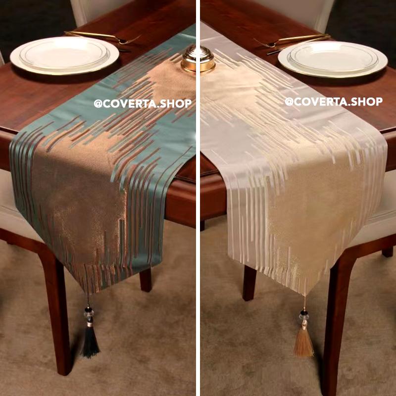 Taplak Meja Kain Panjang / Table Runner Motif Abstract Minimalis With Tassel