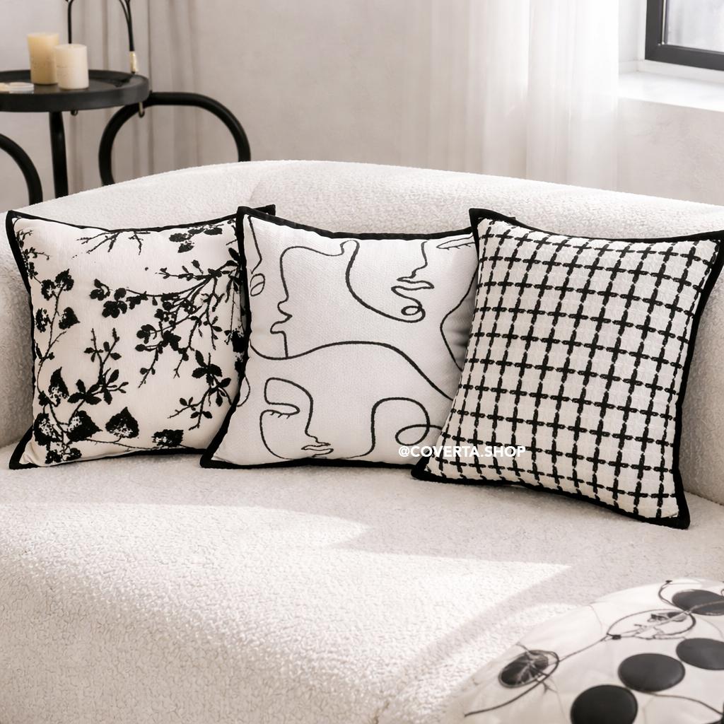 Sarung Bantal Sofa Minimalis Hitam Putih Monochrome – Cushion Cover Motif Modern Scandinavian