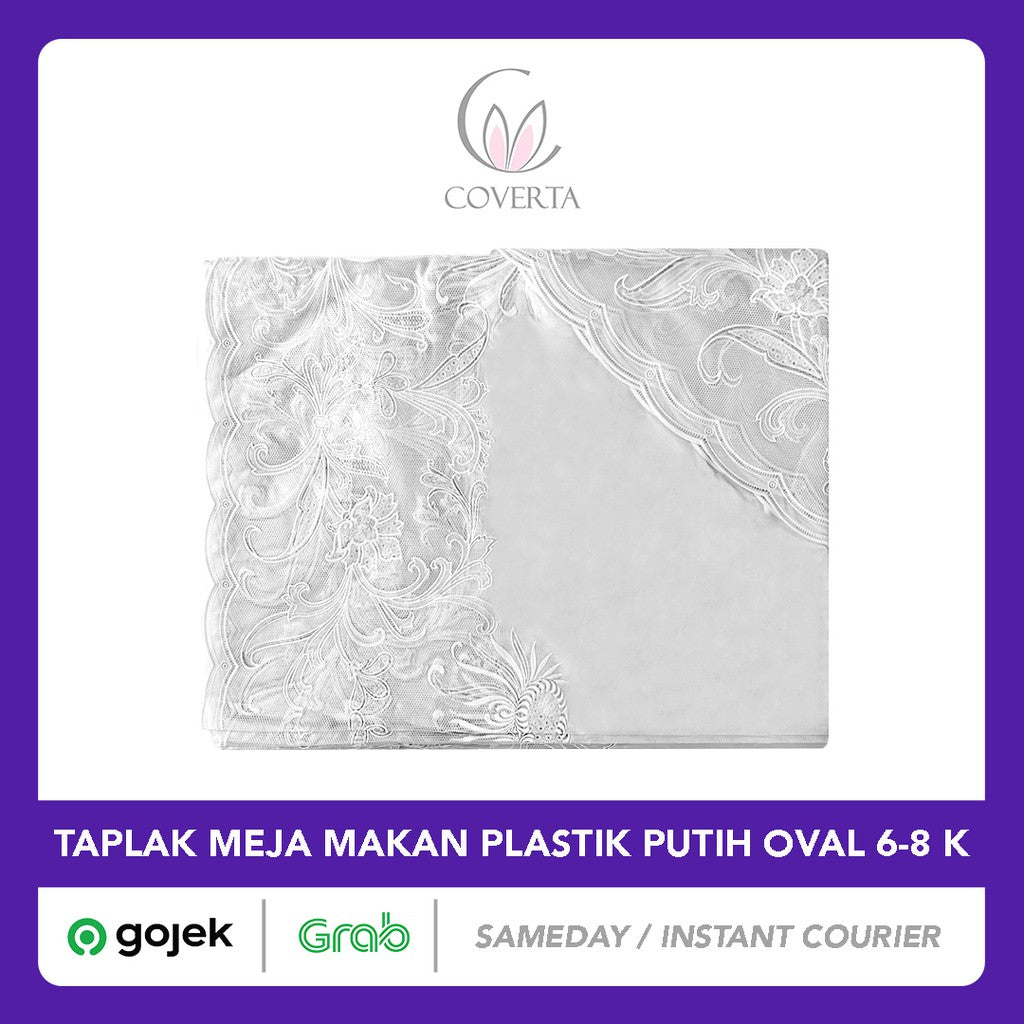 Taplak Meja Makan Putih Plastik Oval 6-8 Kursi Size 152x228cm