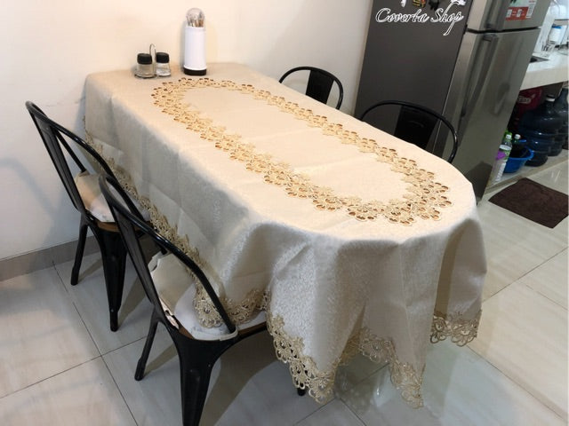 Taplak Meja Tamu Bordir Polos Oval 4-6 Kursi (130x180cm)