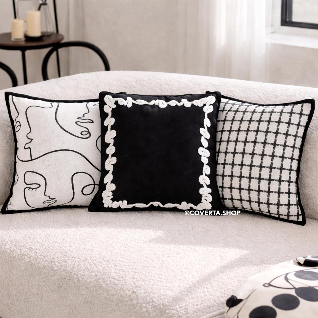 Sarung Bantal Sofa Minimalis Hitam Putih Monochrome – Cushion Cover Motif Modern Scandinavian