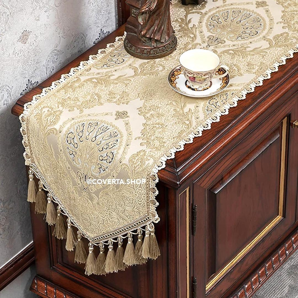 Taplak Meja Tamu Aesthetic Ottoman Table Runner Panjang Dekorasi Meja Makan Warna Gold