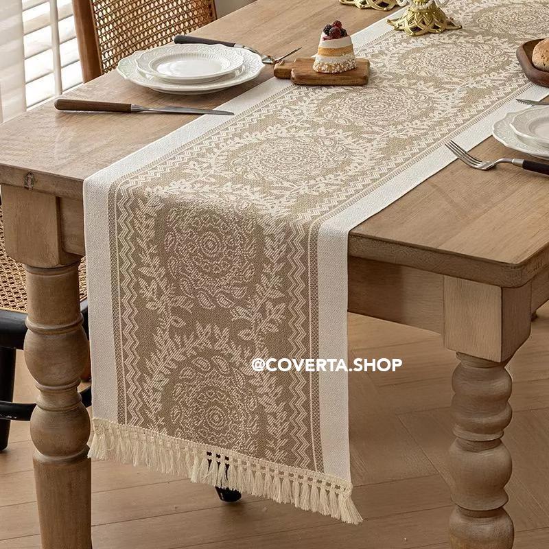 Coverta Table Runner Raya - Taplak Meja Makan Linen Estetik Motif Raya | Alas Meja Tamu Minimalis