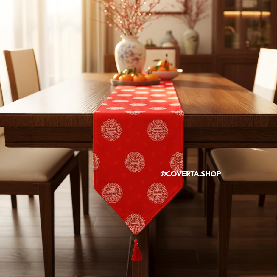 Coverta Shop Table Runner Meja Imlek Warna Merah Hoki Dekorasi Meja Tahun Baru China Golden Dynasty Elegan Mewah Khas Oriental