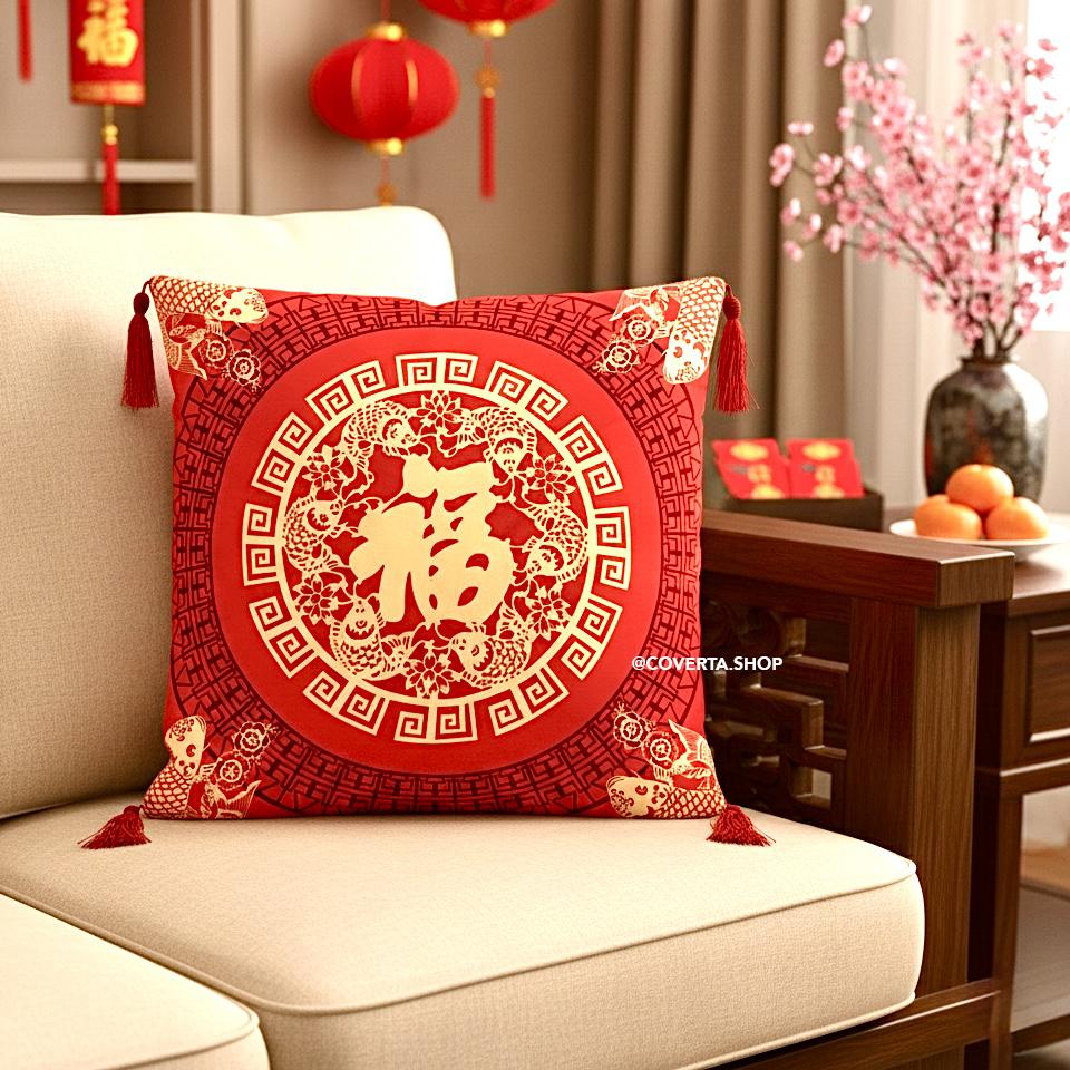 Cover Sarung Bantal Sofa Edisi Imlek - Cushion Cover CNY Motif Prosperity - Dekorasi Rumah Chinese New Year