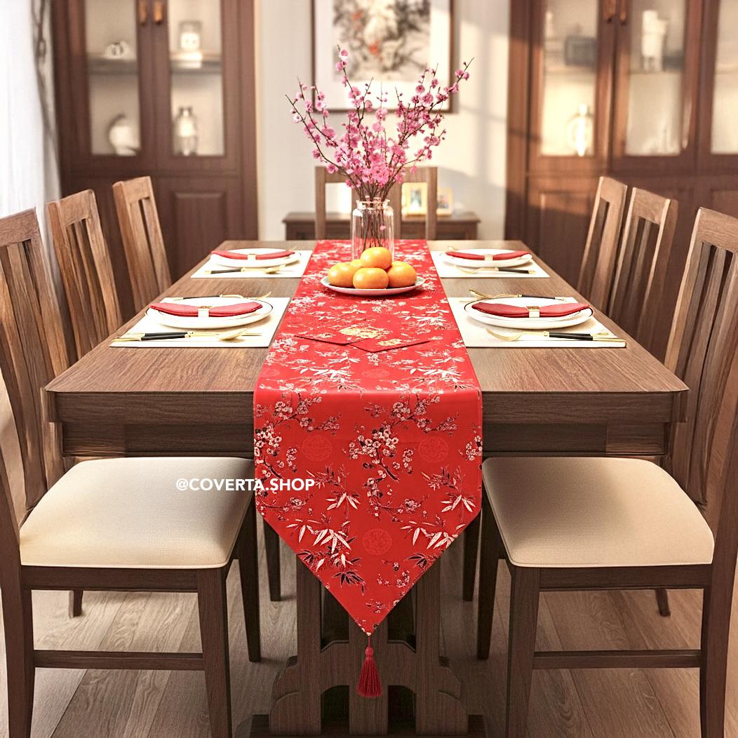 Coverta Shop Table Runner Meja Imlek Warna Merah Hoki Dekorasi Meja Tahun Baru China Golden Dynasty Elegan Mewah Khas Oriental