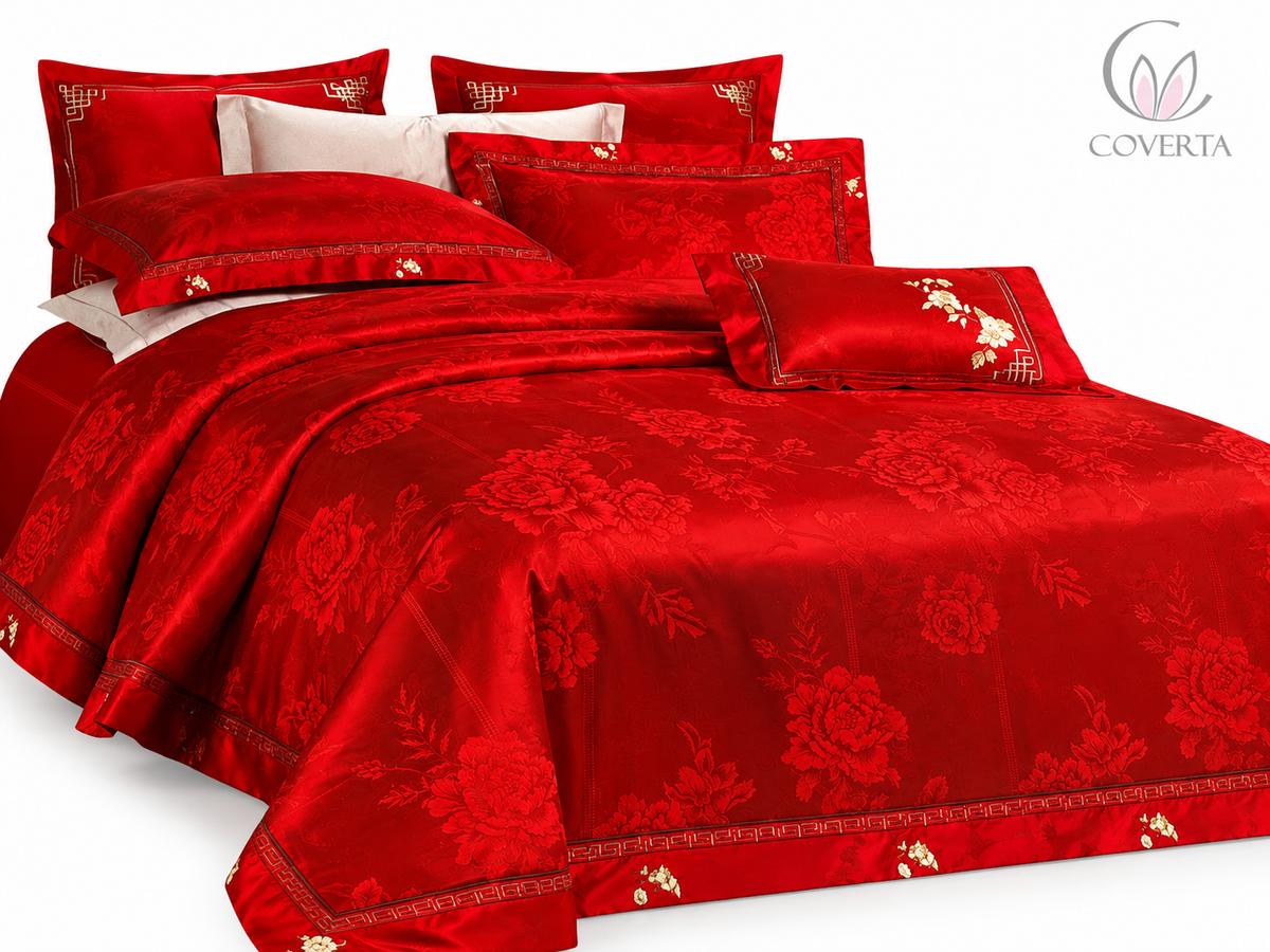 Bedcover Pengantin Baru Silk Sutera Warna Merah