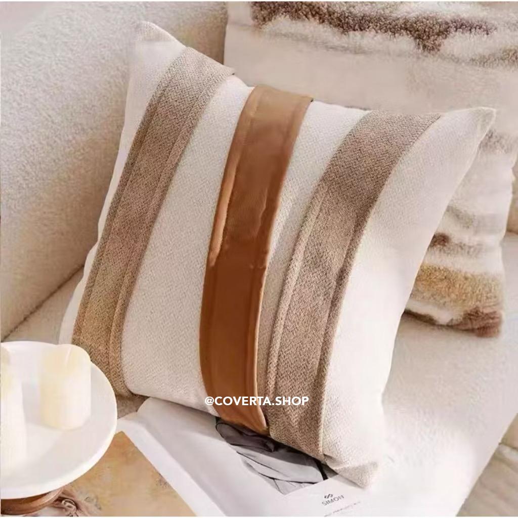 Sarung Bantal Sofa Kursi Japandi Style Coklat Putih Motif Kuda Geometris Premium 45x45cm
