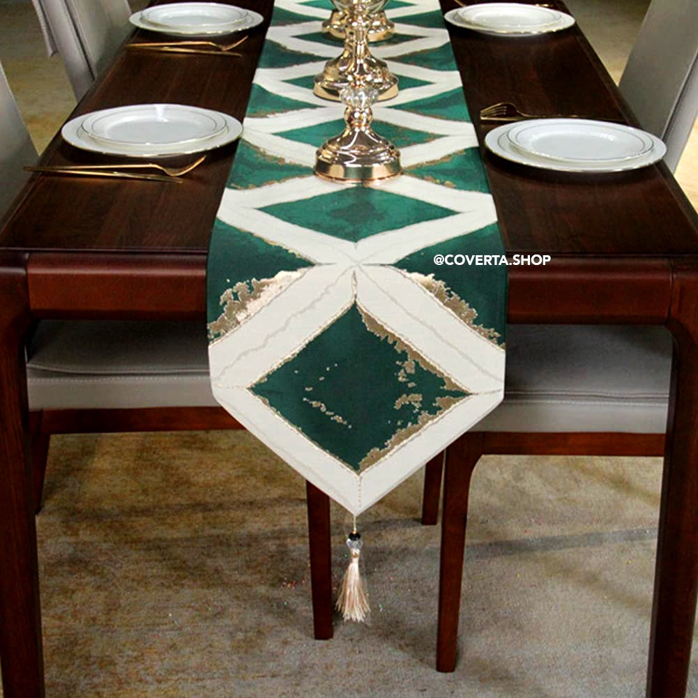 Taplak Meja Tamu Aesthetic Motif Diamond Hijau | Table Runner Alas Meja Makan