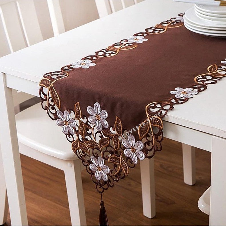 Table Runner - Taplak Meja Panjang Bordir - Coklat - 40x176cm
