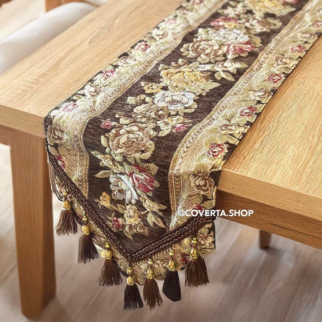 Table Runner Elegan Belgian Floral - Taplak Meja Panjang Premium Untuk Ruang Makan dan Ruang Tamu