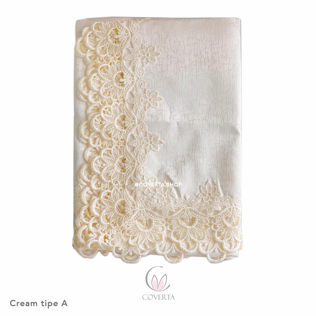 COVERTA Taplak Meja Makan Bordir Segi Cream Tipe B 150x220cm Eksklusif & Elegant untuk 6-8 Kursi Sarung Kursi Tidak Termasuk