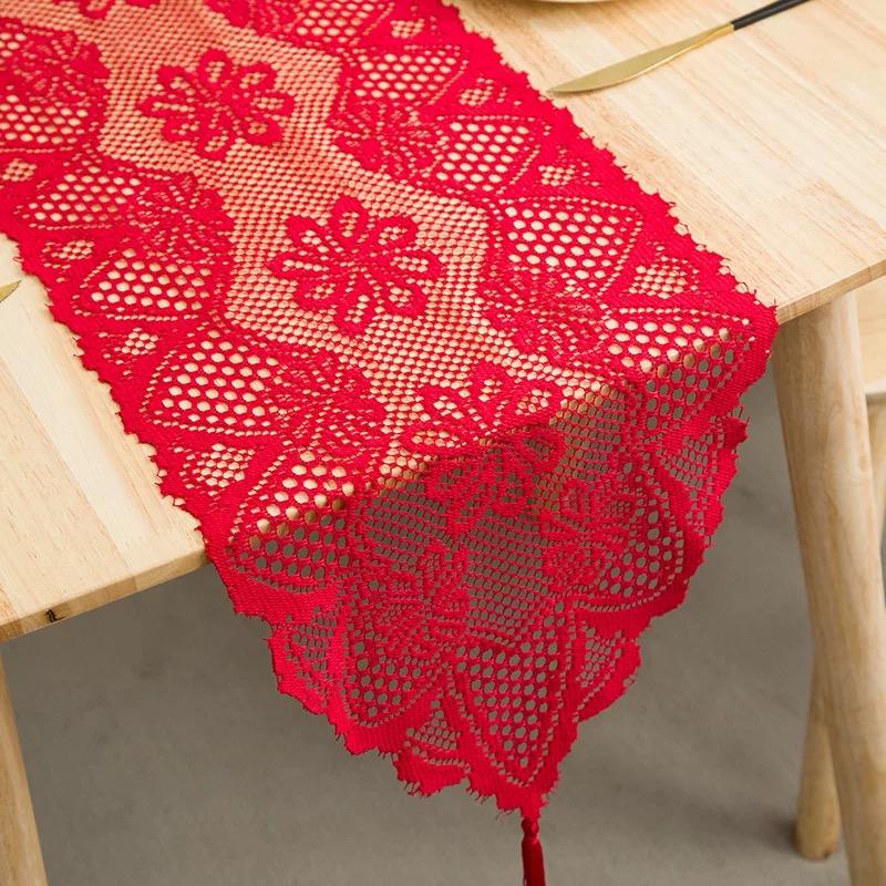 Table Runner Renda Merah Imlek - Dekorasi Meja Makan & Tamu