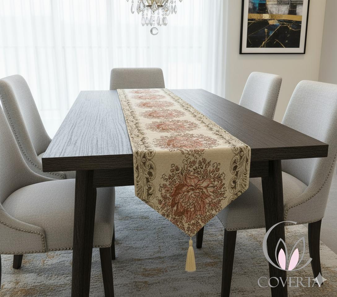 Table Runner Panjang Meja Makan / Taplak Meja Tamu Motif Classic Flower Glitter
