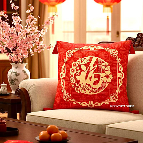 Cover Sarung Bantal Sofa Edisi Imlek - Cushion Cover CNY Motif Prosperity - Dekorasi Rumah Chinese New Year