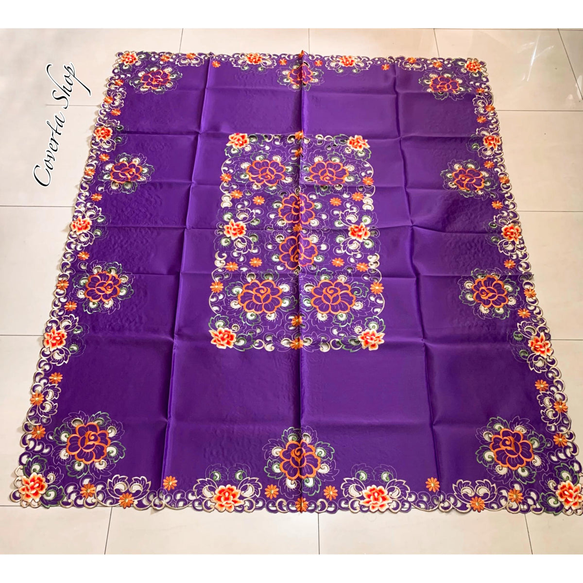 Taplak Meja Makan Bordir Purple0604 - 6-8 Kursi - 180x225cm