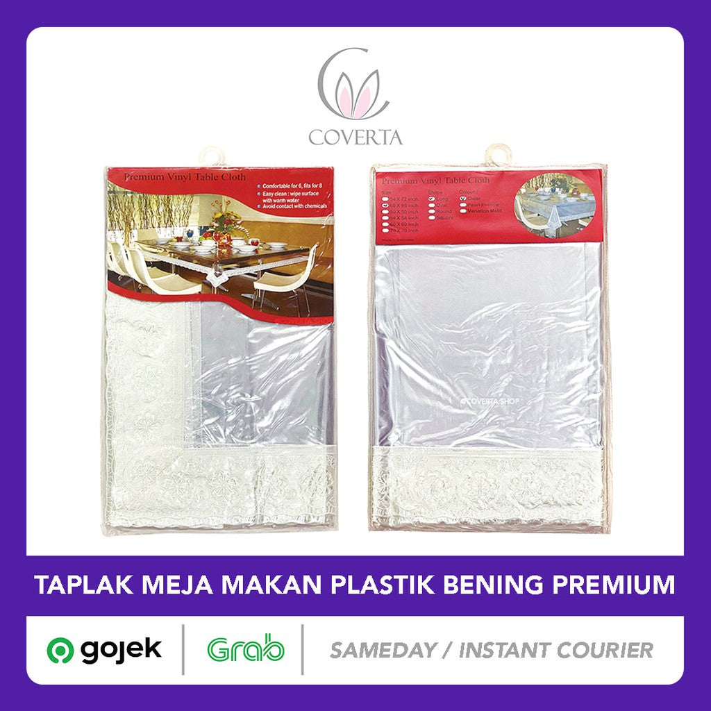 Taplak Meja Makan Plastik Bening Transparant Renda Putih Premium