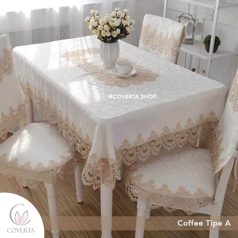 COVERTA Taplak Meja Makan Bordir Segi Cream Tipe B 150x220cm Eksklusif & Elegant untuk 6-8 Kursi Sarung Kursi Tidak Termasuk