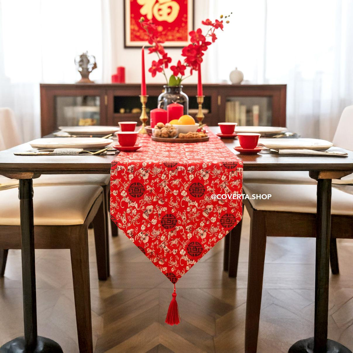 Coverta Shop Table Runner Meja Imlek Warna Merah Hoki Dekorasi Meja Tahun Baru China Golden Dynasty Elegan Mewah Khas Oriental