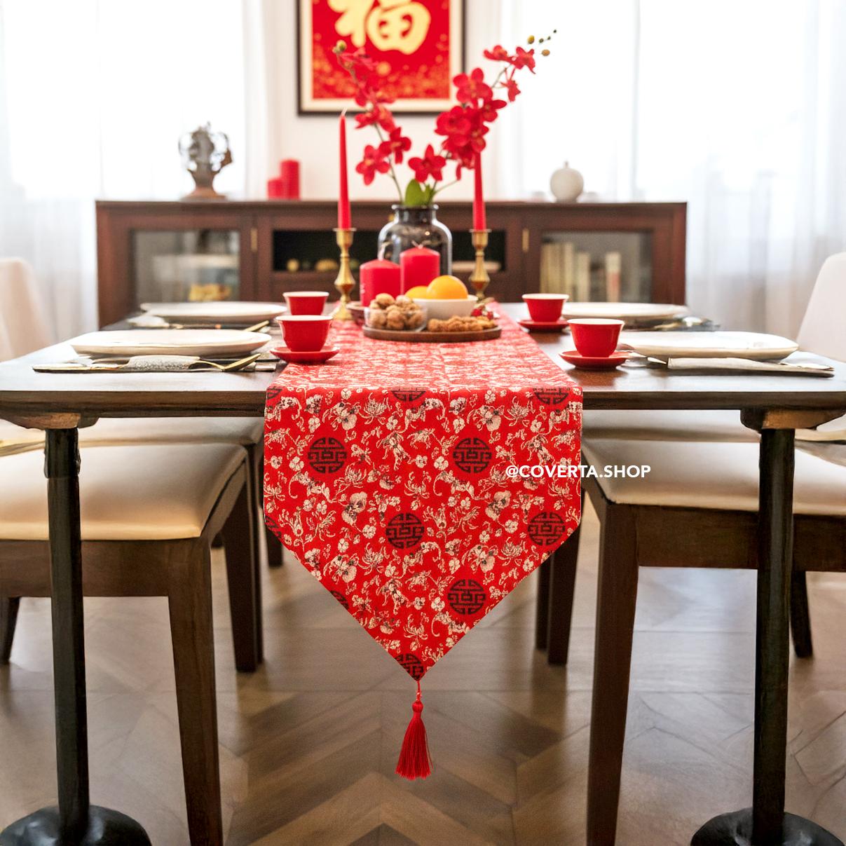 Coverta Shop Table Runner Meja Imlek Warna Merah Hoki Dekorasi Meja Tahun Baru China Golden Dynasty Elegan Mewah Khas Oriental