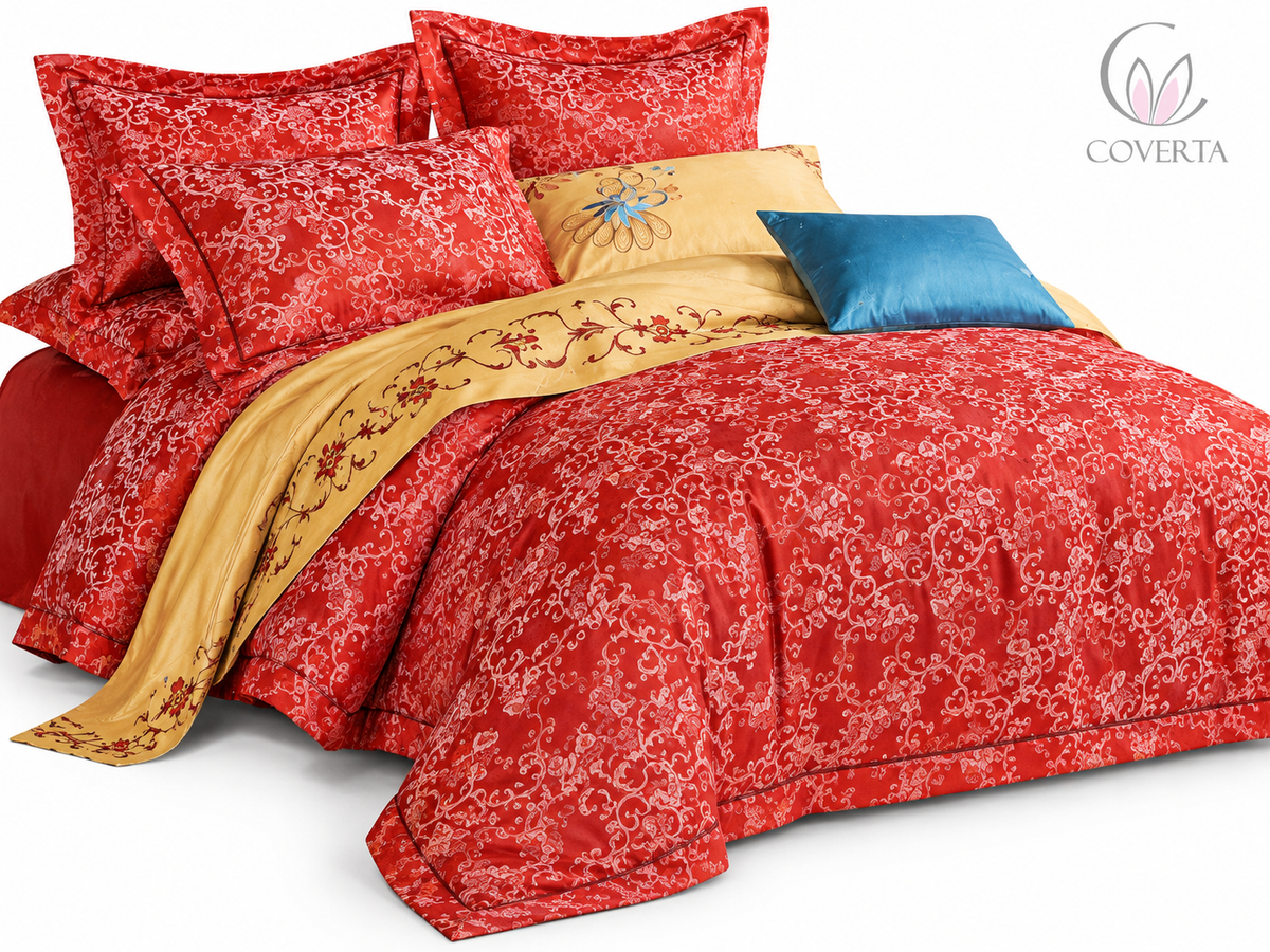 Bedcover Pengantin Baru Silk Sutera Warna Merah