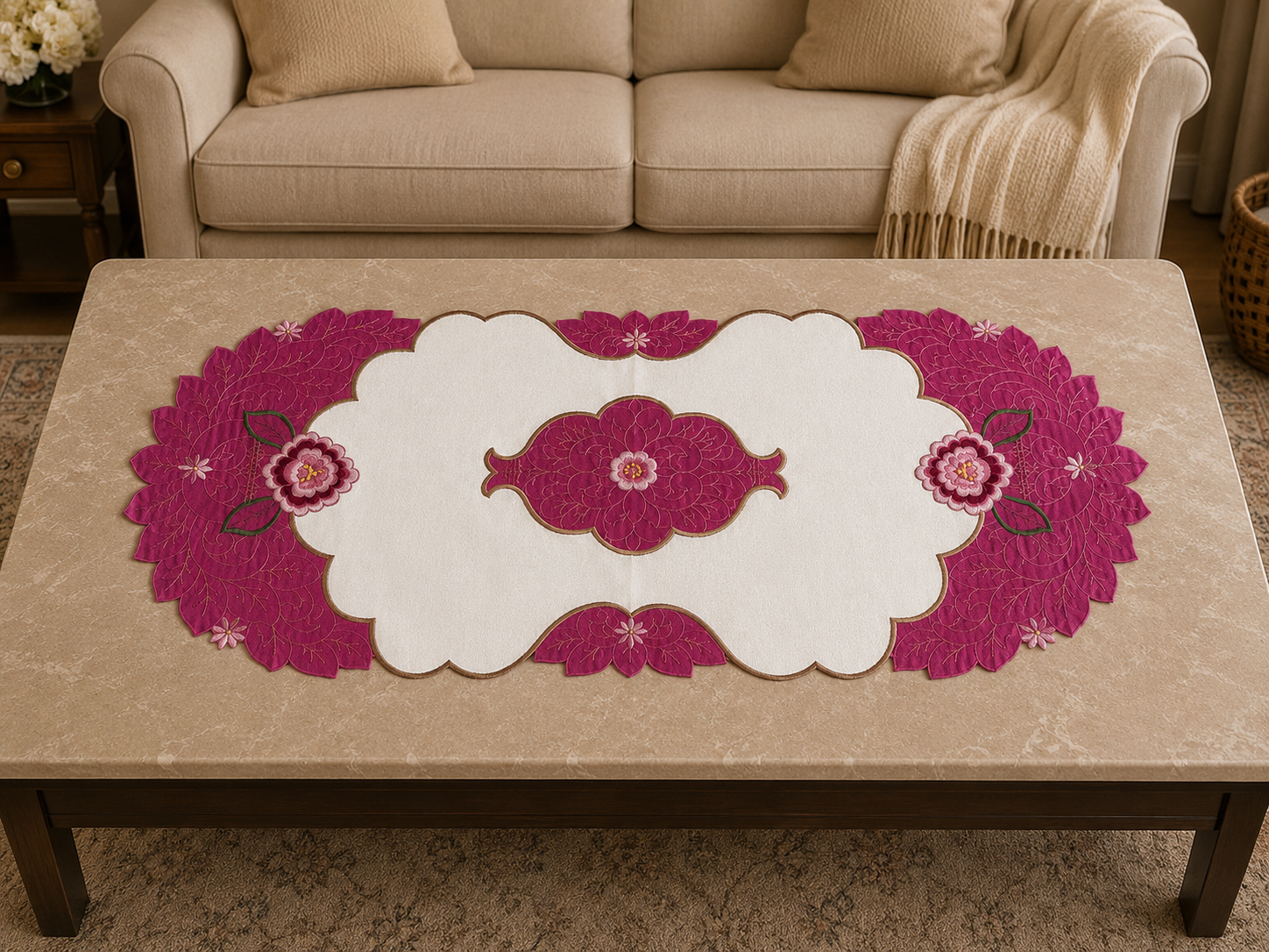 Taplak Meja Tamu Bordir 40x85cm (Kode B16-33 Oval)