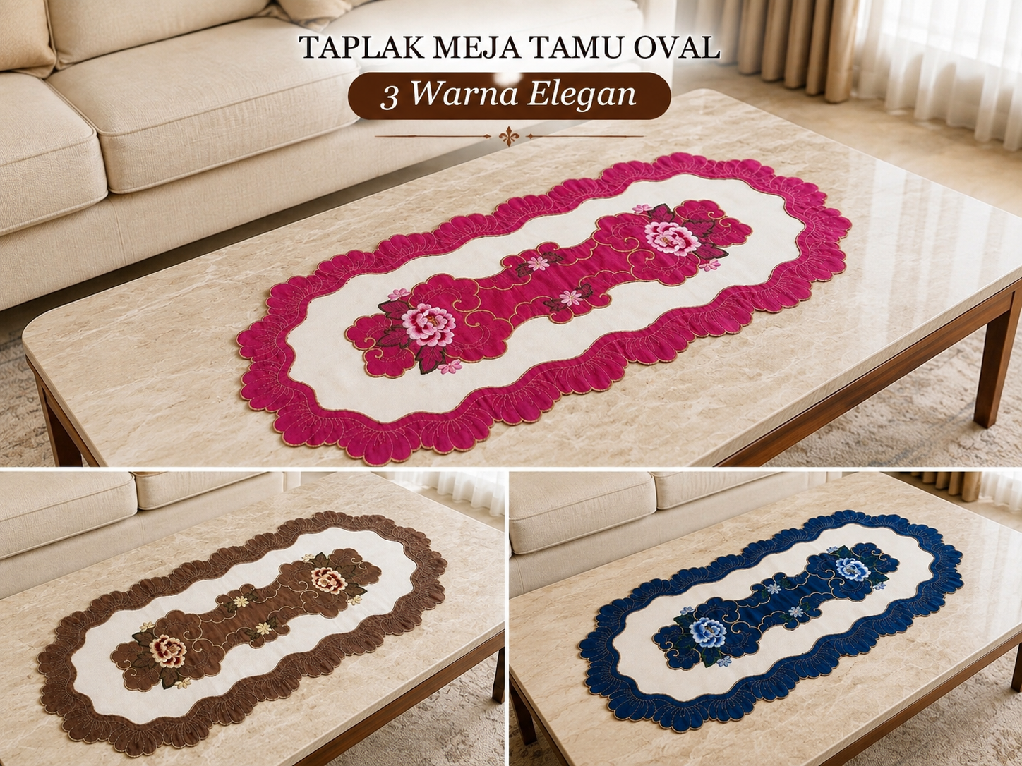 Taplak Meja Tamu Bordir 40x85cm (Kode B16-37 Oval)