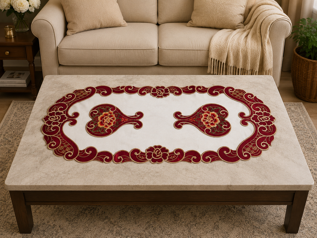 Taplak Meja Tamu Bordir 40x85cm (Kode B16-36 Oval)