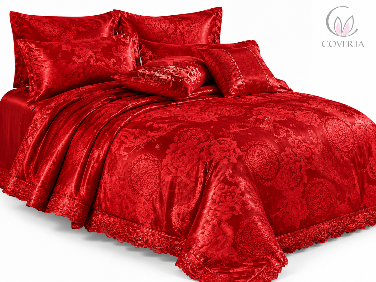 Bedcover Pengantin Baru Silk Sutera Warna Merah