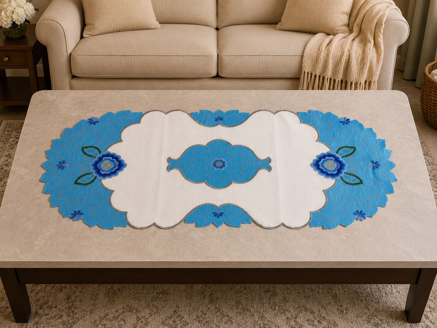 Taplak Meja Tamu Bordir 40x85cm (Kode B16-33 Oval)