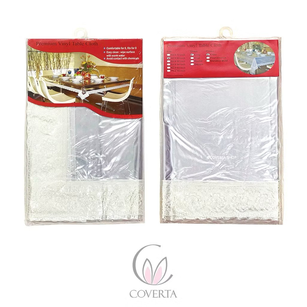 Taplak Meja Makan Plastik Bening Transparan Renda Putih Premium