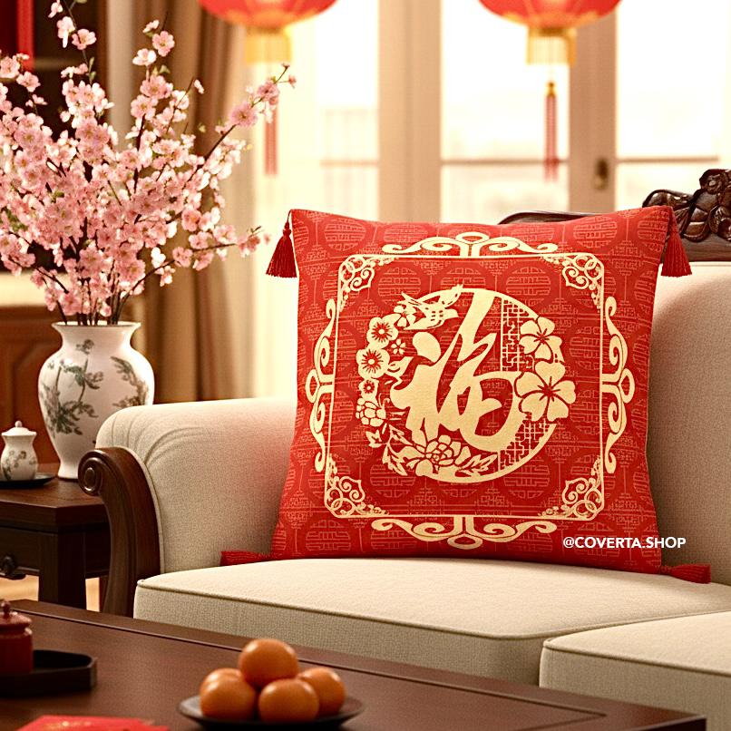 Cover Sarung Bantal Sofa Edisi Imlek - Cushion Cover CNY Motif Prosperity - Dekorasi Rumah Chinese New Year