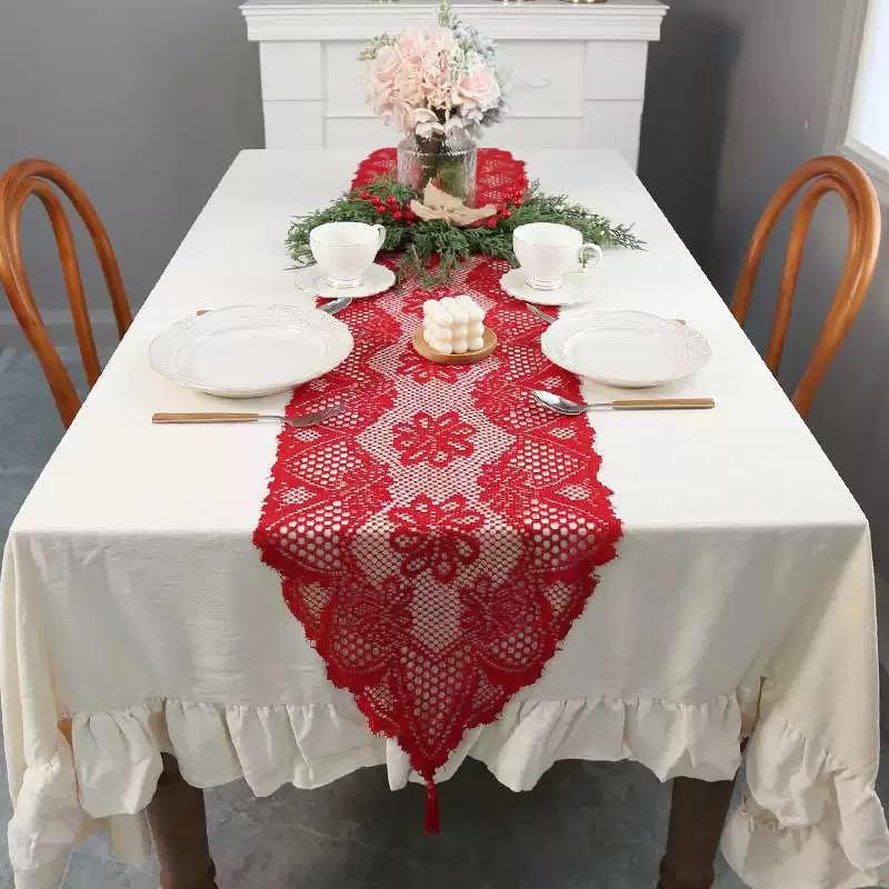 Table Runner Renda Merah Imlek - Dekorasi Meja Makan & Tamu